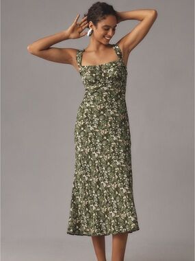 frankie silk dress verdigris Reformation Petites Frankie Silk Dress In Sage Border